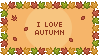 A stamp of the words 'I Love Autumn' framed in diferent colors of maple leaves